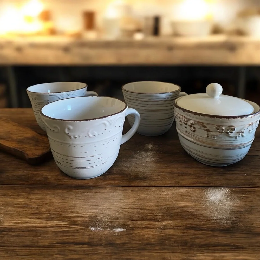 Pfaltzgraff 4 Piece Rustic Trellis White Stoneware 3 Mug and Sugar Bowl Set